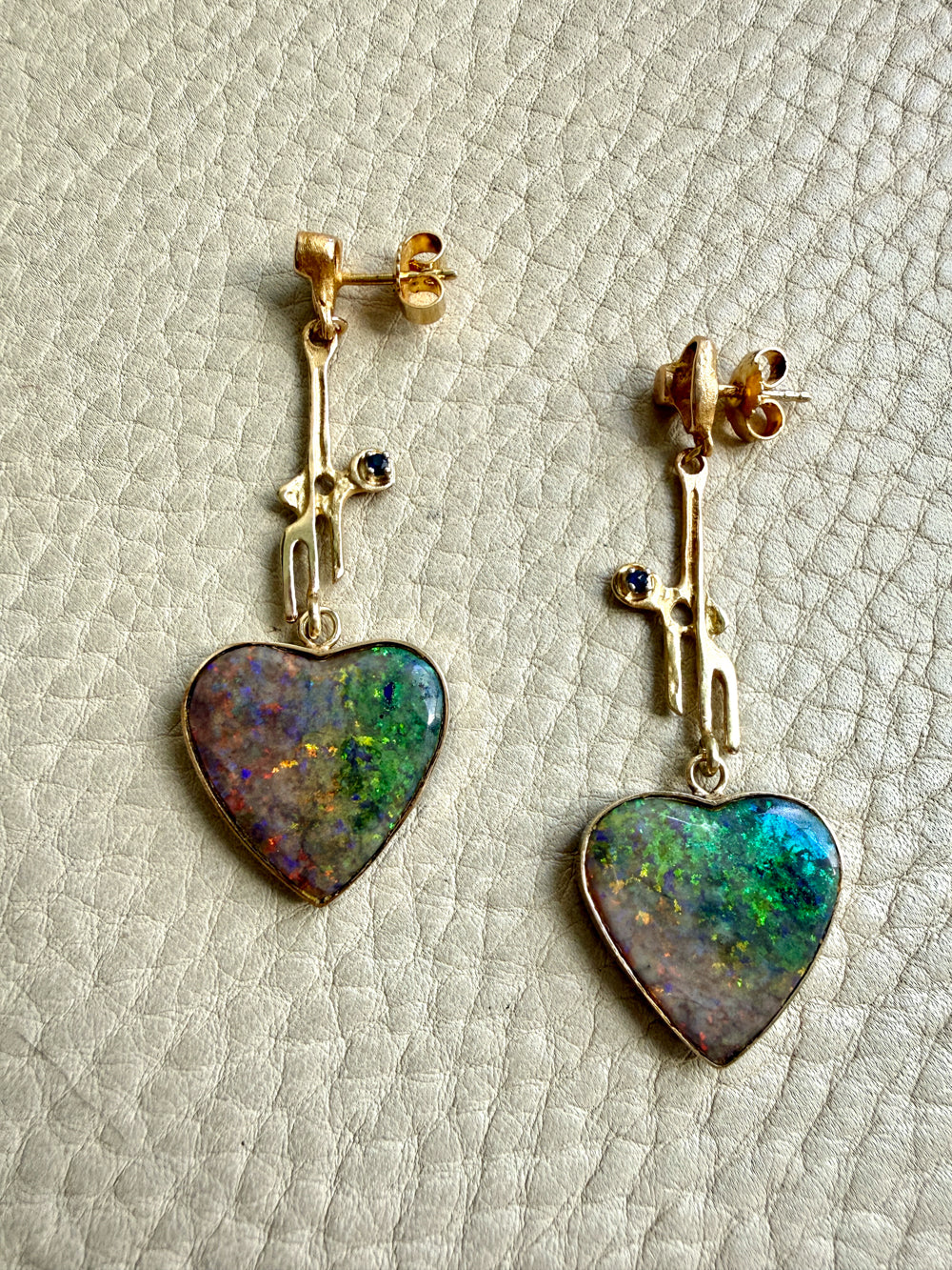 WOW! Vintage Austrian 14k Gold & Opal Heart Drop Brutalist Earrings - 2.2 inch drop