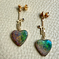 WOW! Vintage Austrian 14k Gold & Opal Heart Drop Brutalist Earrings - 2.2 inch drop
