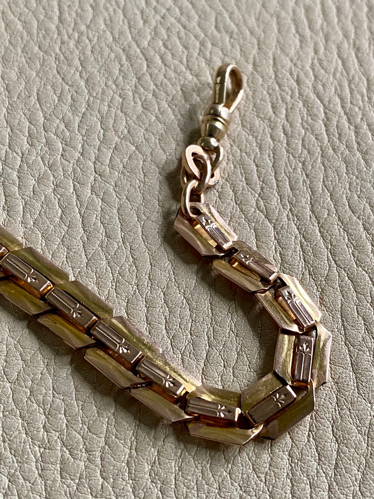 Antique Watch Chain with tiny leaf pattern - 14k gold with 10k rose gold detail