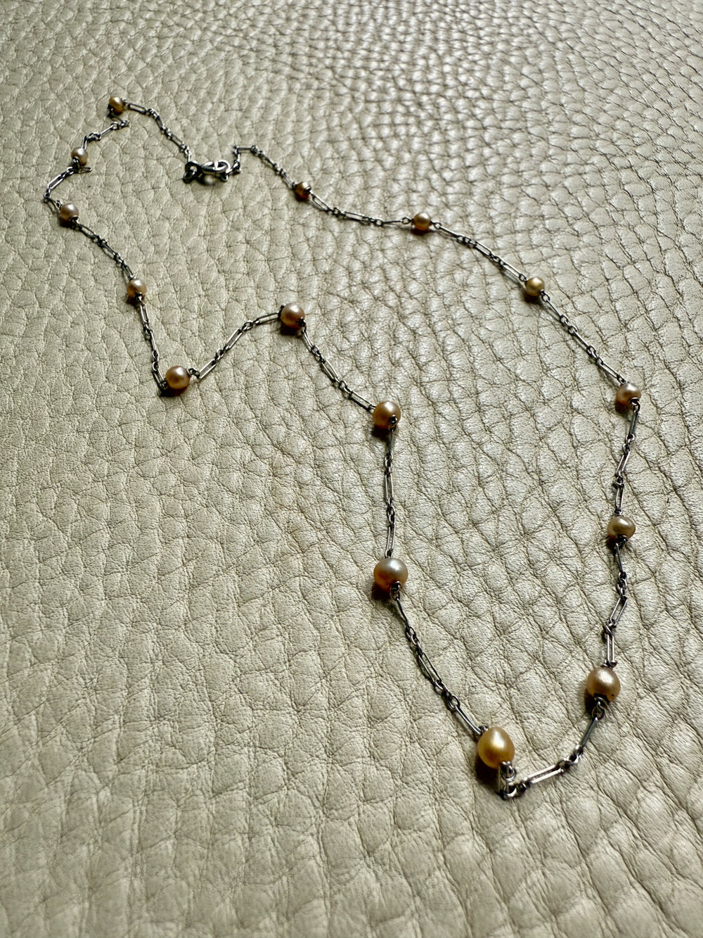 Vintage French Platinum Station Necklace with Pearls  - 15.75 inch length