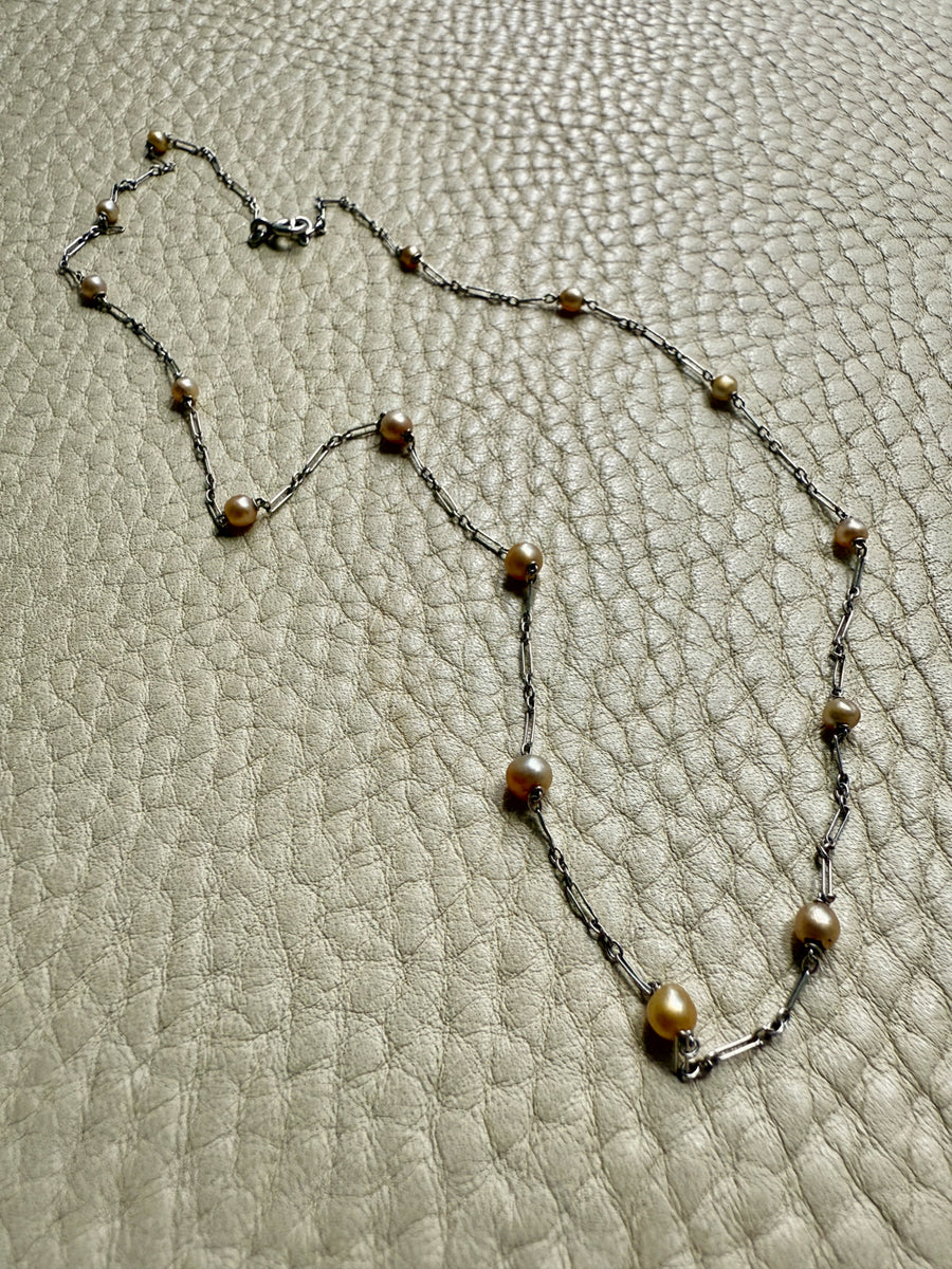 Vintage French Platinum Station Necklace with Pearls  - 15.75 inch length