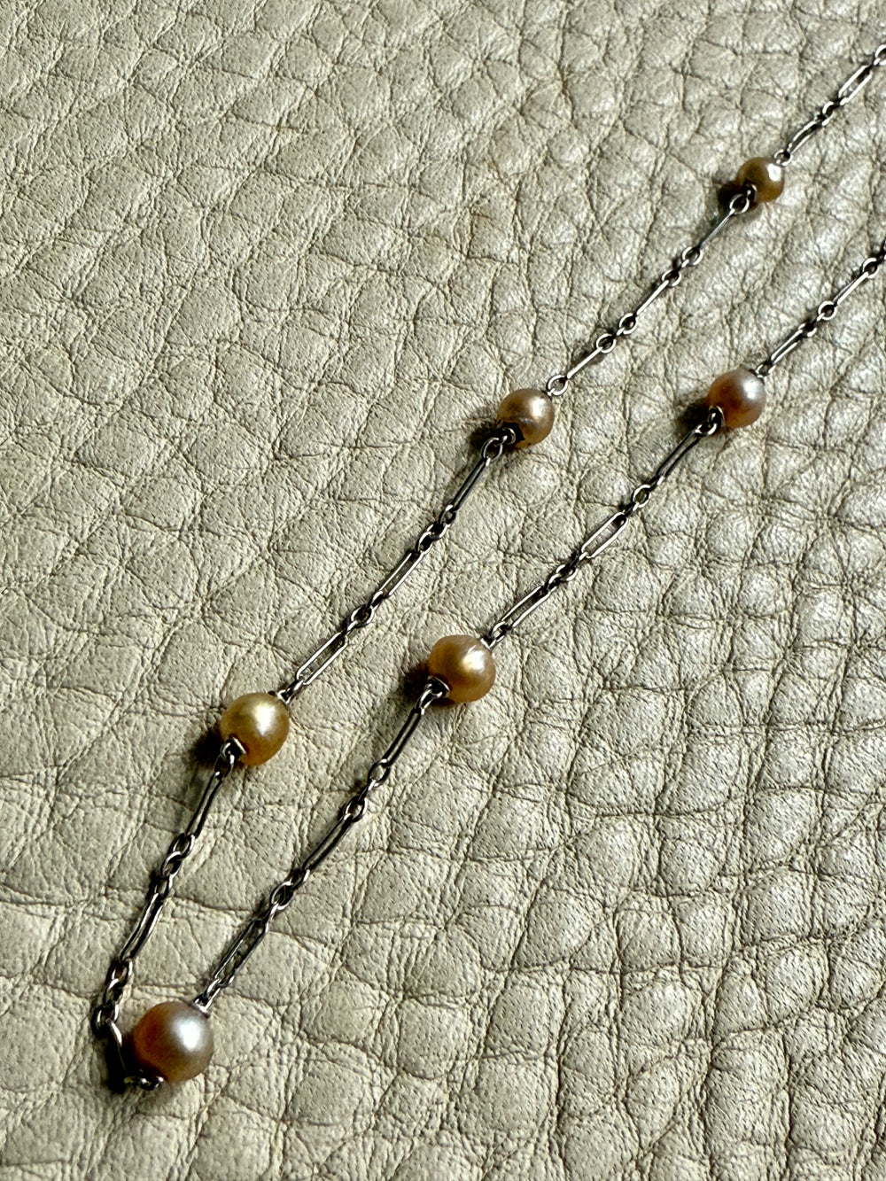 Vintage French Platinum Station Necklace with Pearls  - 15.75 inch length