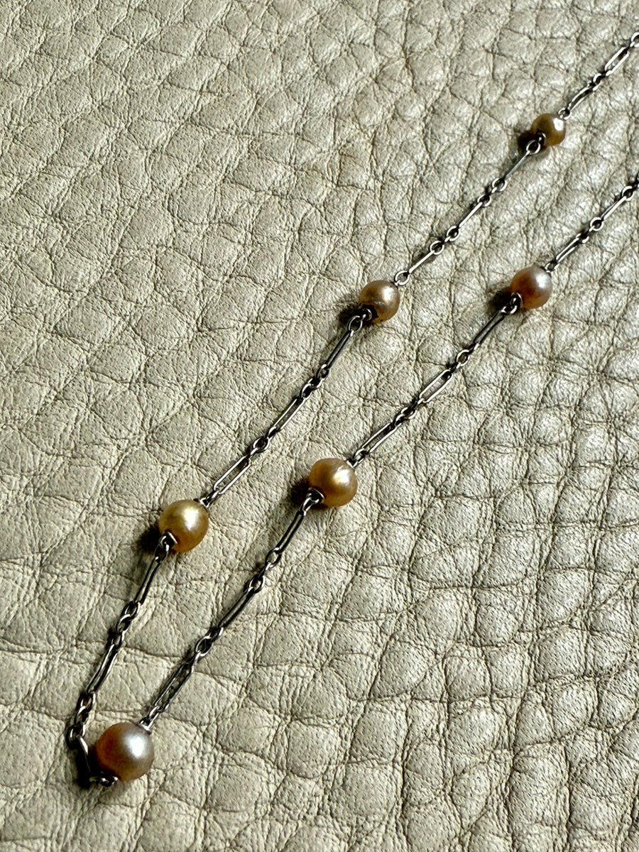 Vintage French Platinum Station Necklace with Pearls  - 15.75 inch length