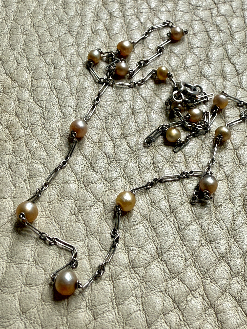 Vintage French Platinum Station Necklace with Pearls  - 15.75 inch length