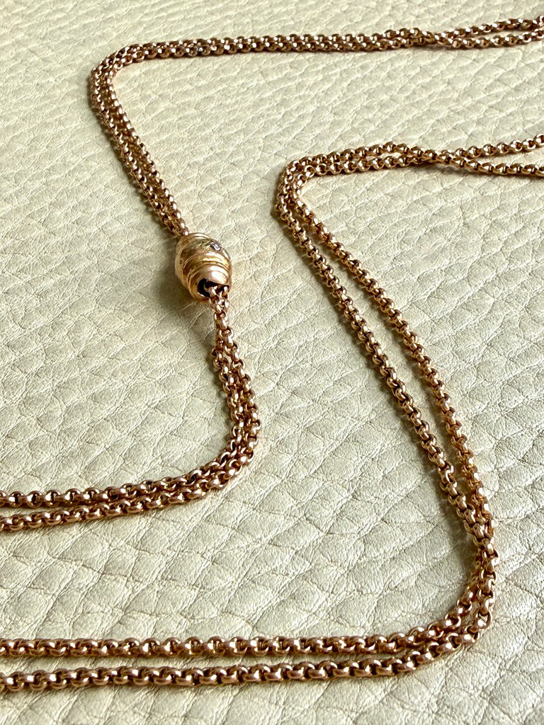 Victorian Era Antique 18k Gold Longuard Belcher Link Chain with Slider & Dog Clip - 33 inch doubled necklace length