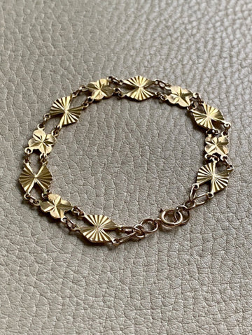 Midcentury Engine Turned 10k Gold Flowers and Fans Link Bracelet - 7.5 inch length