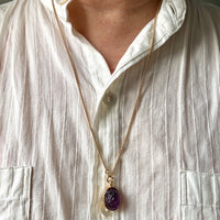 1979 Swedish Hand Carved Domed Amethyst Pendant 18k Gold – 1 inch drop