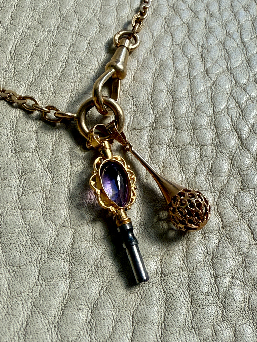 18k Gold Antique Virola Link Watch Chain Front Clasp Necklace - 16.4 inch length