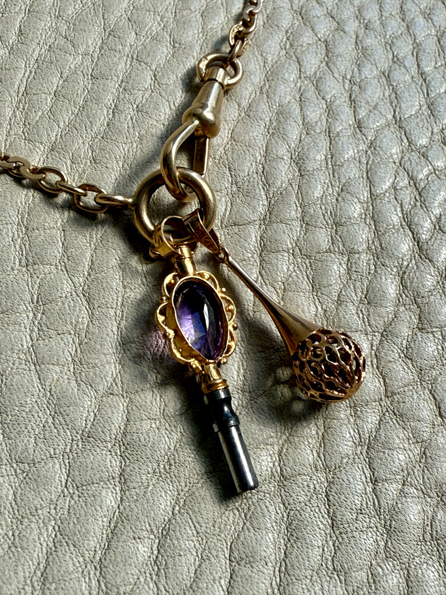 18k Gold Antique Virola Link Watch Chain Front Clasp Necklace - 16.4 inch length