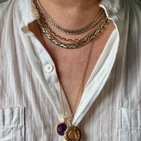1979 Swedish Hand Carved Domed Amethyst Pendant 18k Gold – 1 inch drop