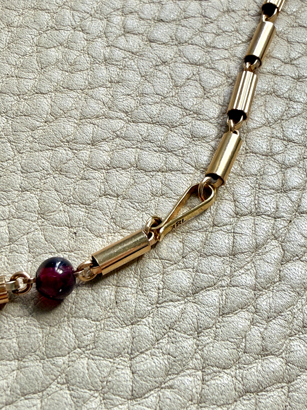 Vintage 18k Gold Fluted Tubular Link Station Necklace with Garnets- 32 inch length