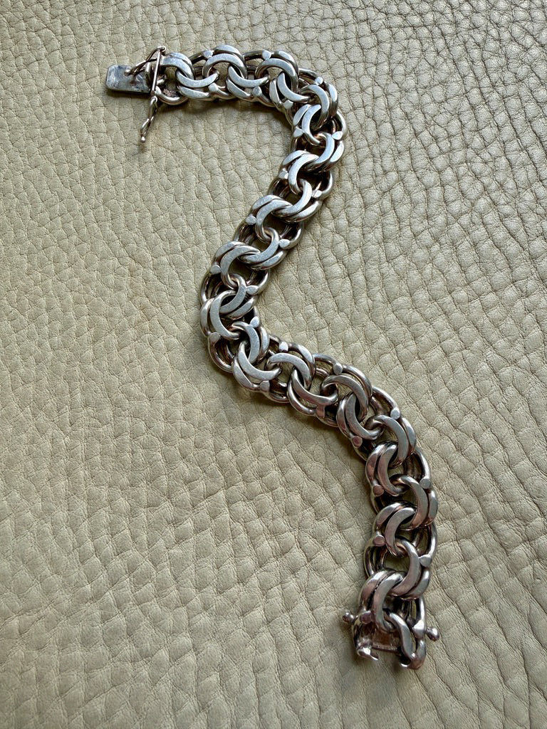 Heavy Swedish Double Link Curb Silver Bracelet by Victor Janson – 7.5 inch length