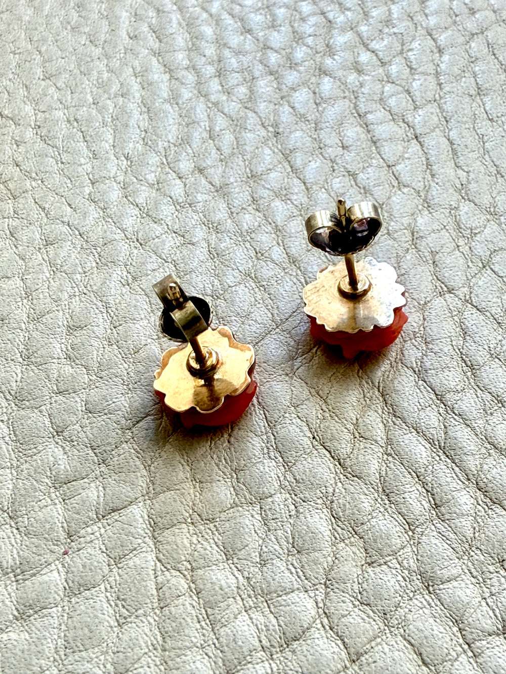 Antique Dutch Carved Coral Flower Stud Earrings in 14k Gold