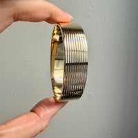 Unique! Architectural Wide 14k Gold Hinged Bangle with Linear Grooves - 6.9 inch oval interior circumference