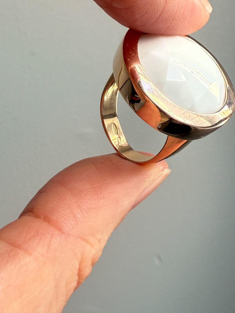 18k Gold Vintage Italian Cocktail Ring with Faceted White Stone - Size 7