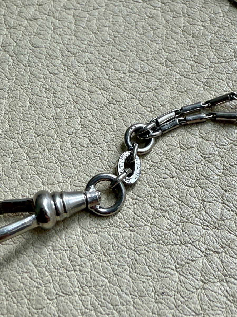 Early 1900s Antique PLATINUM Link Longuard Chain Necklace with Dog Clip - 31-62 inch length