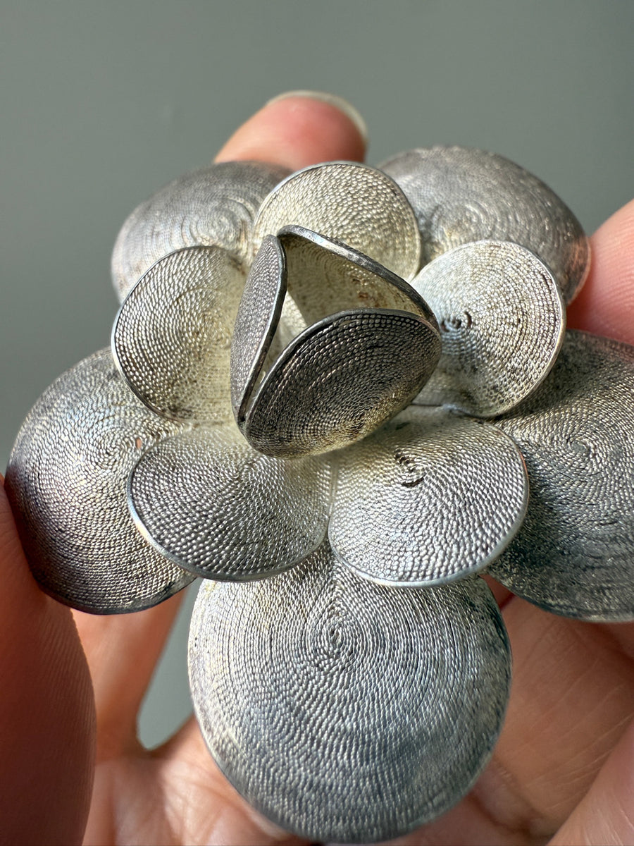 1950s Sterling Silver Filigree Flower Brooch - 1.8 inch diameter