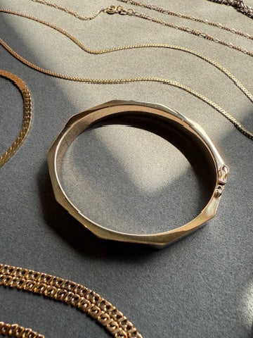 SPECTACULAR!! 10 Sided Geometric Hinged Bangle in 14k Yellow Gold - 1970s era - by Fleming Lund- 6.75 inch