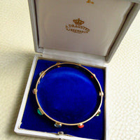 Mid-Century Danish Rainbow Teardrop Gemstone Bangle Bracelet 18k Gold – 7.6 Inch Circumference