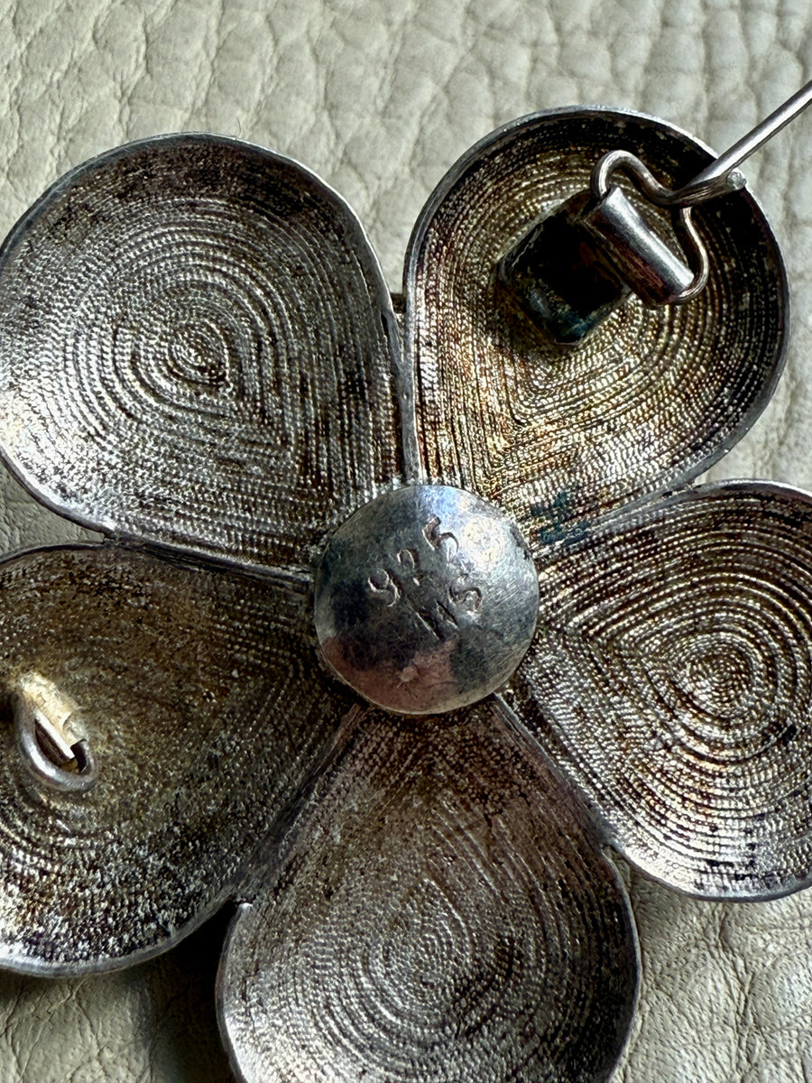 1950s Sterling Silver Filigree Flower Brooch - 1.8 inch diameter