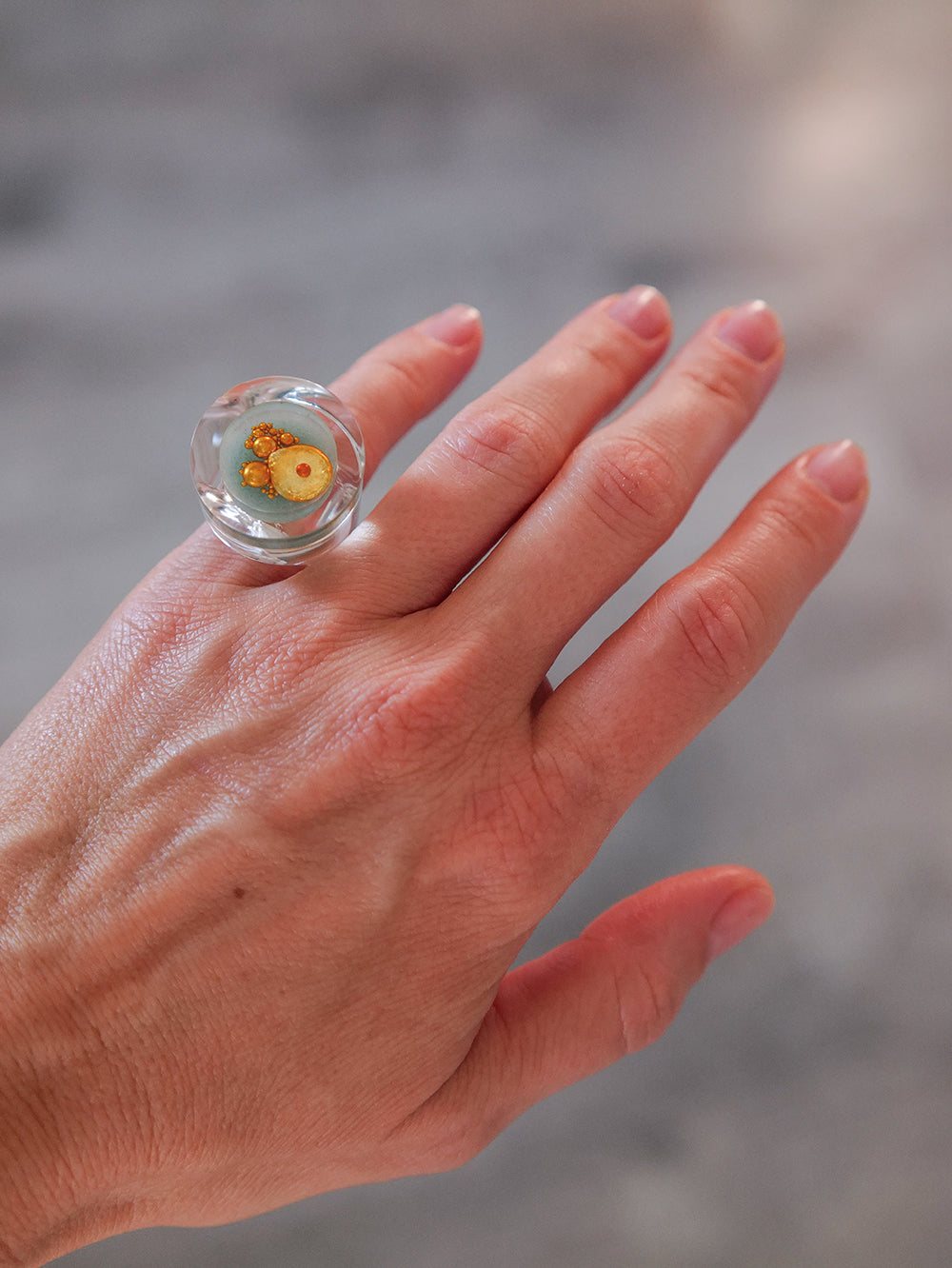 Vintage Siv Lagerström Gold Bead Acrylic Ring – Size 5
