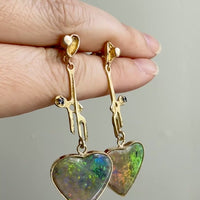 WOW! Vintage Austrian 14k Gold & Opal Heart Drop Brutalist Earrings - 2.2 inch drop