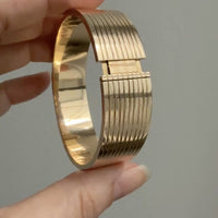 Unique! Architectural Wide 14k Gold Hinged Bangle with Linear Grooves - 6.9 inch oval interior circumference