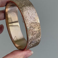 Antique floral engraved wide hinged 9k bangle - Victorian era from Birmingham, England