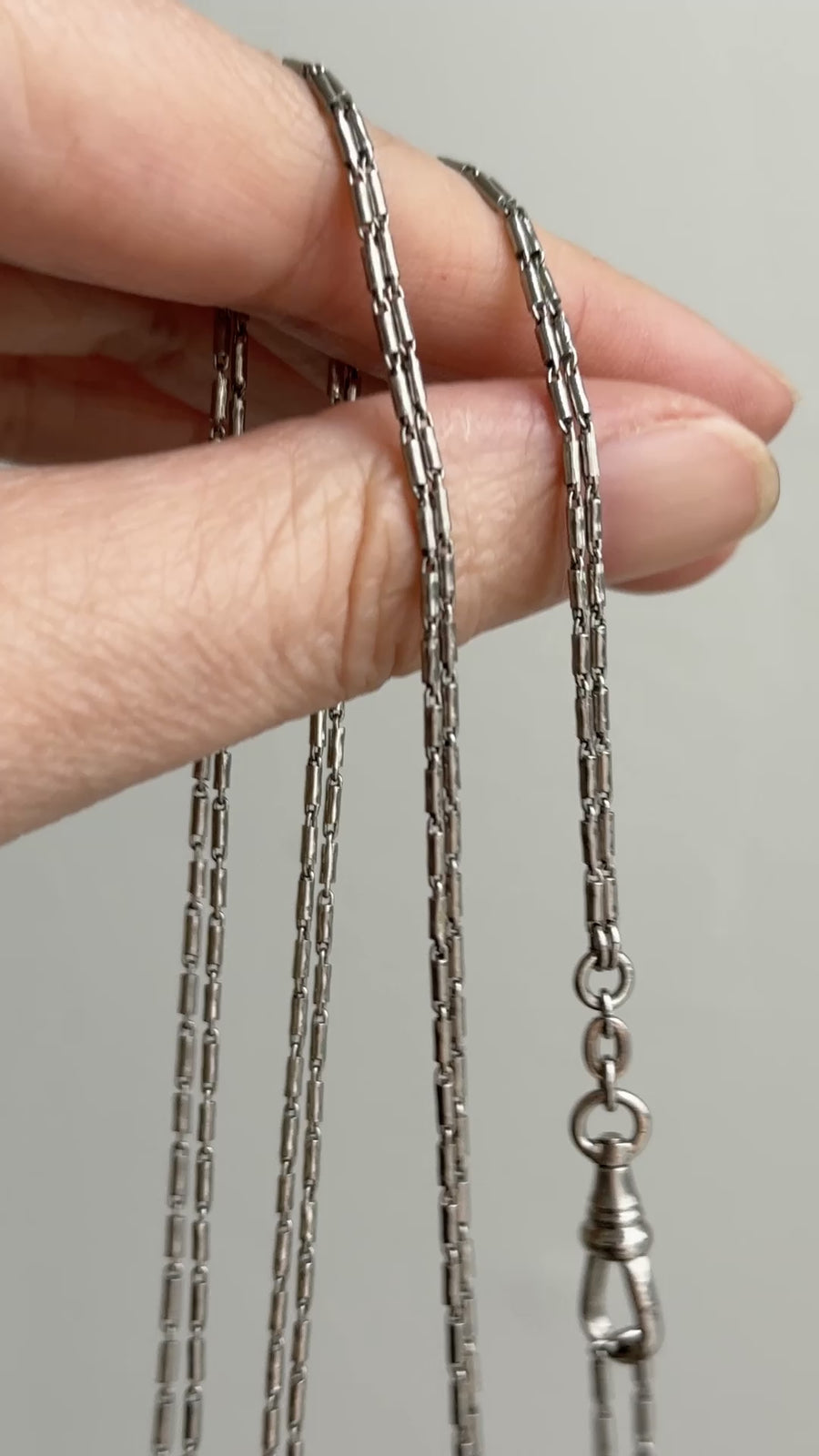 Early 1900s Antique PLATINUM Link Longuard Chain Necklace with Dog Clip - 31-62 inch length