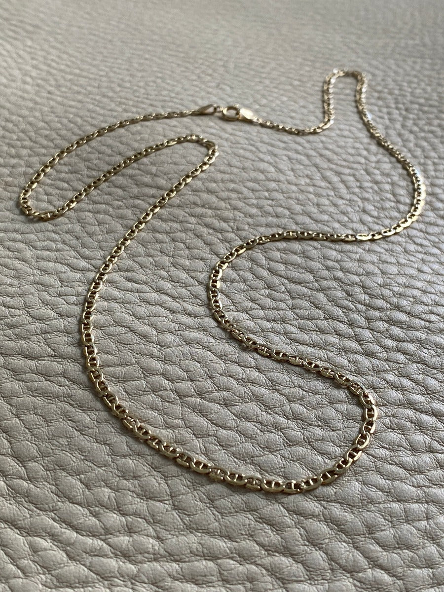 Elegant Flat Mariner Link necklace in solid 14k yellow gold - 20.5 inches long