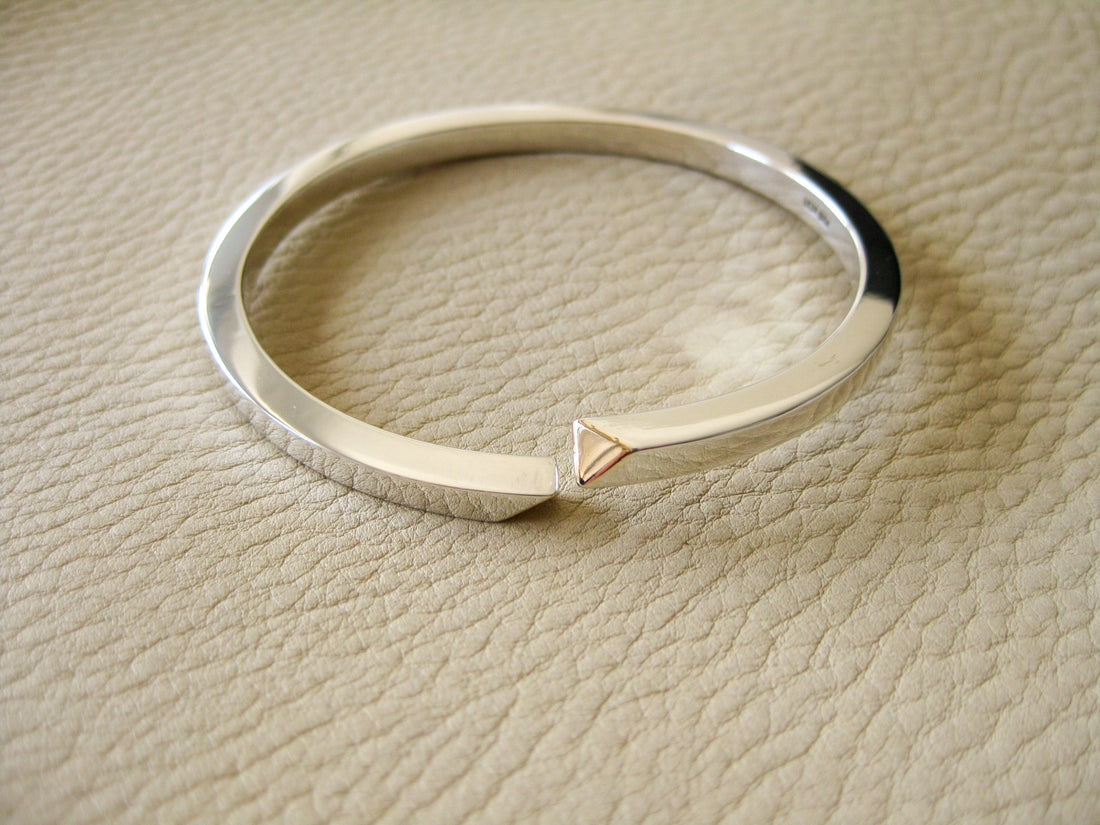 Heavy 46g Modernist Danish sterling silver bangle with gold tips